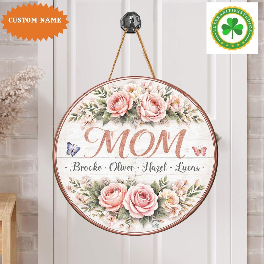 Personalized Floral Wooden Mom Sign, Custom Family Name Door Hanger - Etsy