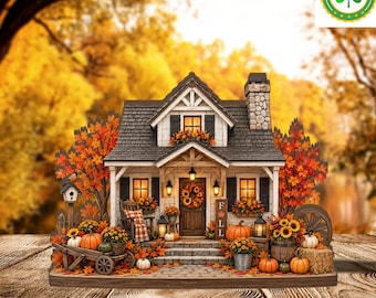 Houten blok in herfstboerderijstijl, herfstdecoratie voor op tafel of plank, rustieke woonaccessoire