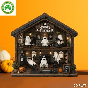 May include: A two-story miniature gym diorama titled Spooky Fitness, featuring white ghost figures exercising with barbells, a treadmill, a punching bag, and a stationary bike. The structure includes brick walls, wooden beams, small hanging lights, and a sign that reads Strong Spirits Only.