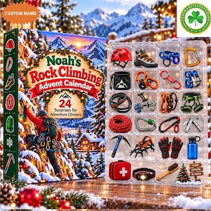 May include: A Noah's Rock Climbing Advent Calendar box featuring a mountain climber graphic and 24 miniature climbing gear items in a clear plastic tray, including a red helmet, carabiners, rope, ice axe, gloves, and a first aid kit.