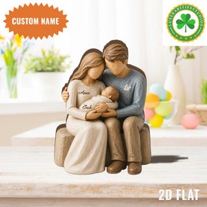 Personligt familjeblock i trä, anpassad present till par med bebis, minnessak till nyblivna föräldrar, anpassad namnfigur, babyshowerpresent