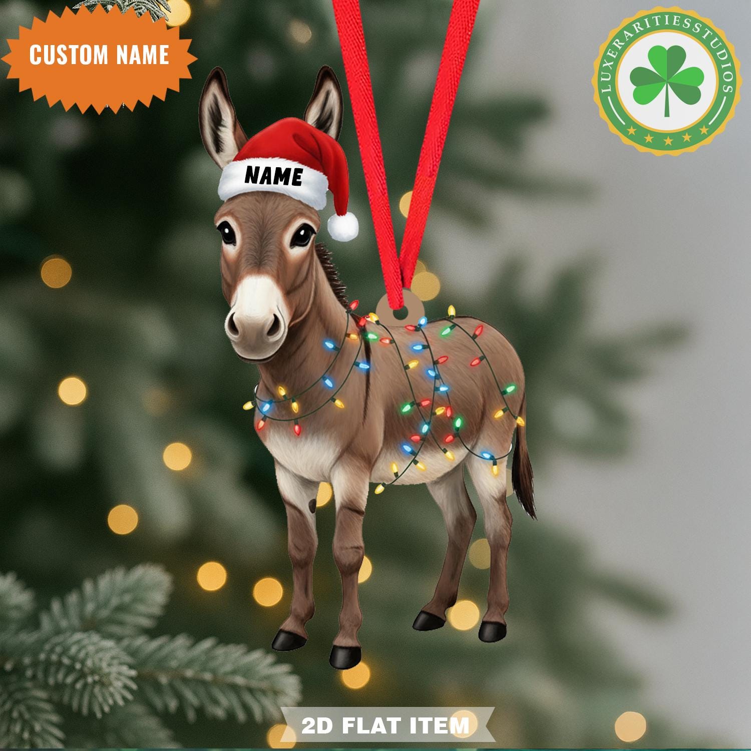 Custom Name Donkey Christmas Ornament, Donkey Lover Decor, Flat 2D Ornament, Christmas Tree Hanging Decor, Gift For Donkey Lovers