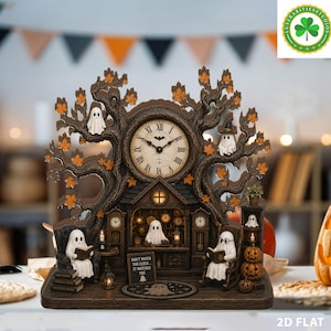 Personalisierter Geisteruhr-Baum aus Holzblock, gruselige Regaldekoration mit individuellem Namen, Schreibtischschild für Spukhäuser