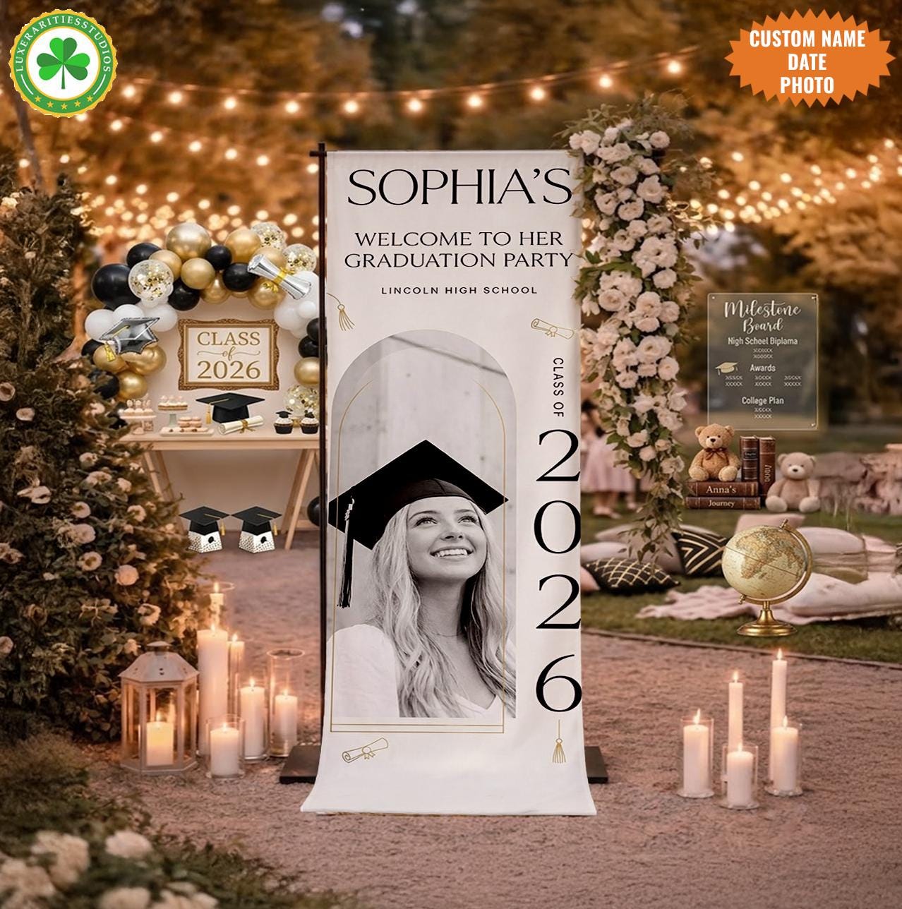Spring Graduation Linen Personalized Graduation Linen Banner, Custom Photo Party Sign, Class ...