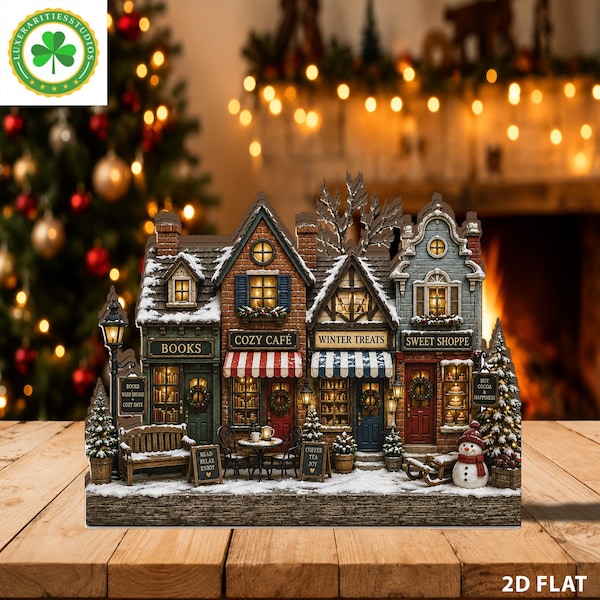 Houten kerstdorpje, gezellige winterse boekwinkel/café-decoratie, gelaagd houten kerstdorpje, besneeuwde kerstdecoratie voor thuis