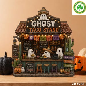 May include: A miniature Ghost Taco Stand featuring three ghost figures, a tiled roof, string lights, and signs reading Ghost Taco Stand, Eat Drink & Be Spooky, and Tacos Tequila & Terror. The structure includes a cactus, stools, and shelves.