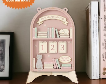 Custom Cat Book Tracker-bord, boeken die dit jaar worden gelezen, flip-teller, aangepaste naam bibliotheekdecor, cadeau boekenliefhebbers, boekenplankdecor