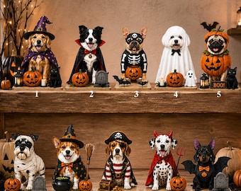May include: A collection of ten dog figurines dressed in various Halloween costumes, including a witch, vampire, skeleton, ghost, pumpkin, mummy, pirate, devil, and bat, each displayed on a wooden base with miniature seasonal accessories.
