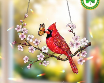 Cardinal and Butterfly Hologram Suncatcher, Suncatcher Gift, Gift For Cardinal Lover, Butterfly Stained Glass Window Hanging