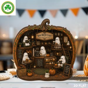 May include: A decorative pumpkin-shaped diorama featuring a miniature cafe scene titled Boo Brew Cafe. The interior includes five white ghost figures, wooden furniture, shelves with bottles, a coffee machine, pumpkins, and signs with text.