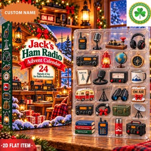 May include: A Jack's Ham Radio Advent Calendar featuring 24 miniature radio-themed items in a clear plastic tray, including a walkie-talkie, microphone, headphones, globe, compass, mug, camper, binoculars, antenna, and radio equipment.