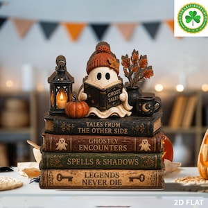 Ghost Reading Book Stack, Halloween Shelf Decor, Spooky Fall Accent Block