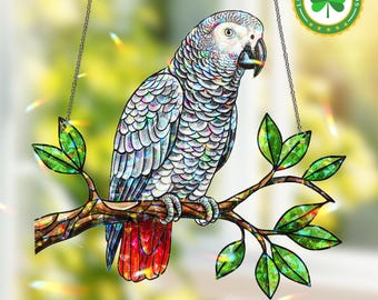 Apanhador de Sol Holográfico de Papagaio Cinzento Africano, Presente para Amantes de Papagaios Cinzentos Africanos, Ornamento Memorial para Animais de Estimação, Decoração de Janela em Acrílico para Amantes de Pássaros