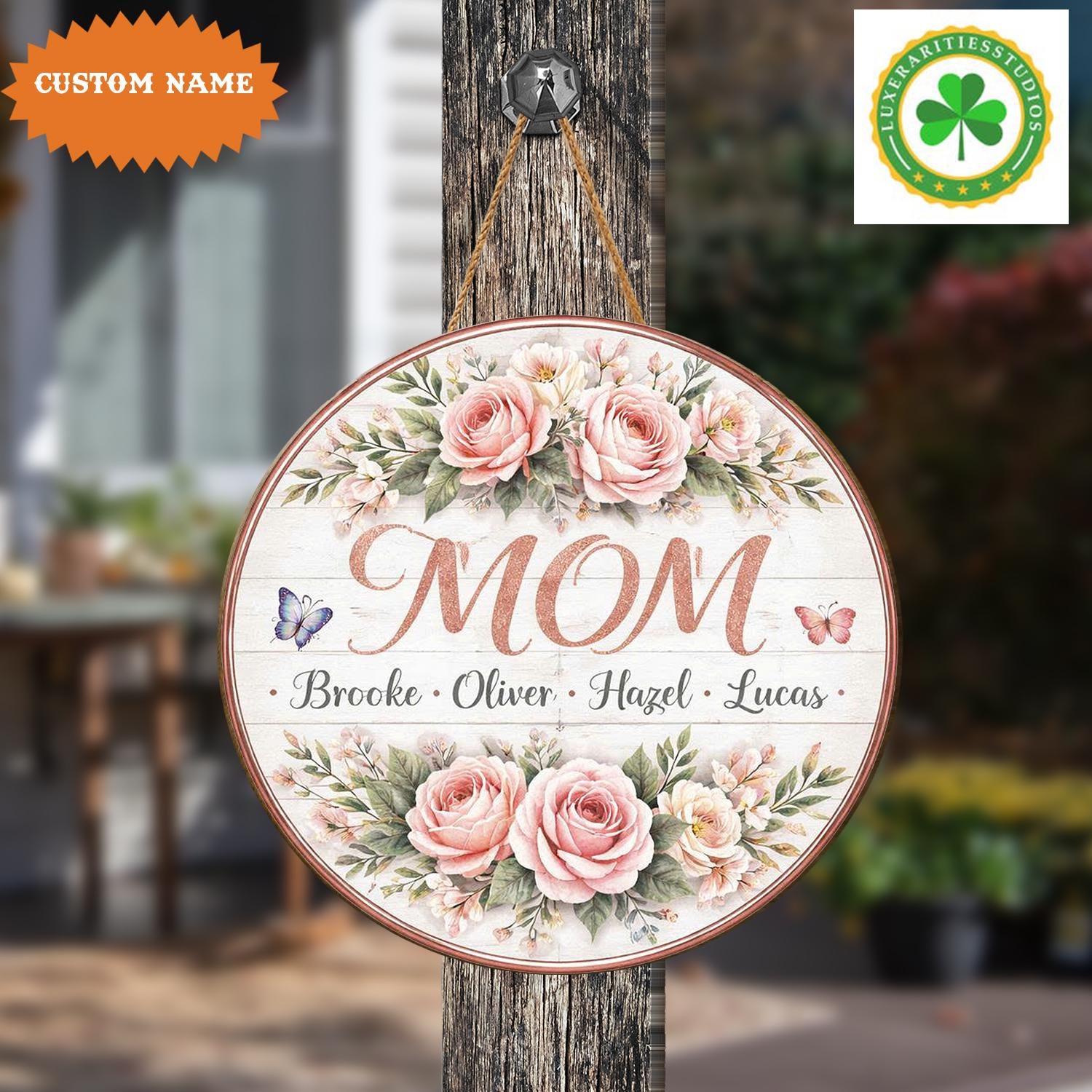 Personalized Floral Wooden Mom Sign, Custom Family Name Door Hanger - Etsy