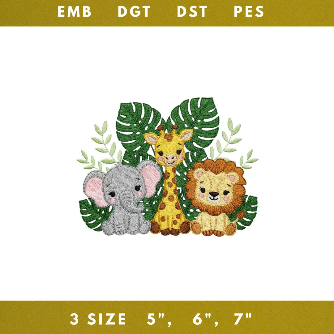 Jungle Animals Embroidery File Baby Elephant Giraffe Lion Design Safari ...