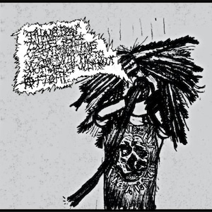 Puede incluir: Ilustración en blanco y negro de una figura con un tocado de plumas y una prenda adornada con una calavera. Hay un bocadillo con texto ilegible. La obra de arte tiene una estética punk.