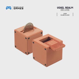 May include: Two terracotta-colored, cube-shaped coin banks with black dot accents. One bank has a coin inserted in the slot. The other bank has a hinged door open. The text "VOXEL REALM DELUXE" and "COIN BLANK BLOCK" are printed on the top.