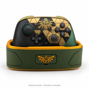 May include: A dark green charging dock with a gold-colored trim and a central gold Triforce emblem. The dock features a matte finish and curved edges. Below the dock, the text reads: Illustrative render • Controller not included.