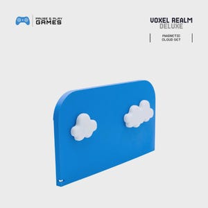 May include: A blue magnetic cloud set with two white cloud-shaped magnets. The product is labeled "Voxel Realm Deluxe Magnetic Cloud Set" and the logo for "Pause & Play Games" is in the upper left corner.