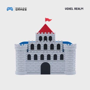Peut inclure: Un château jouet gris avec un toit et un drapeau rouges, des accents bleus et une porte arquée noire. Le texte "VOXEL REALM" est au-dessus du château. Le logo "PAUSE & PLAY GAMES" est en haut à gauche.