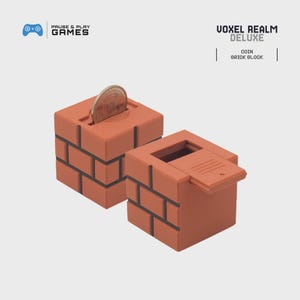 May include: Two brick-shaped coin banks, one with a coin inserted. The banks are terracotta-colored with dark gray brick lines. One bank has an open lid. The text "VOXEL REALM DELUXE" and "COIN BRICK BLOCK" is visible.