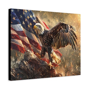 American Flag and Bald Eagle Canvas Wall Art – Patriotic Rustic Home Décor, Military Veteran Gift, Americana Farmhouse Man Cave Print