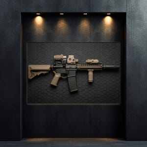 May include: A black and tan rifle with various attachments, including a scope, mounted on a textured black surface. The rifle is displayed in a recessed, dark-coloured wall with overhead lighting.