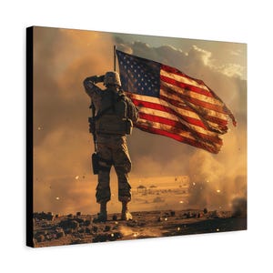 Soldier With Torn American Flag Canvas Print | Military Tribute Wall Art | Veteran Memorial Gift | Patriotic Home Decor