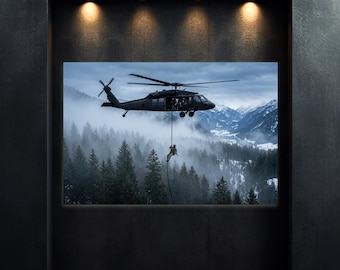 May include: A framed print depicting a helicopter in flight above a forest and mountains. A person is abseiling from the helicopter. The scene is set in a mountainous, forested area with a cloudy sky.