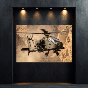 AH-64 Apache helikoptertryck | Filmisk flygväggkonst | Attackhelikopterdekor (digital nedladdning)