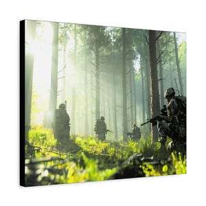 Army Foot Patrol Canvas Wall Art | Military Soldiers in Woods | Patriotic Army Tribute | Veteran Gift | Tactical Home Wall Decor