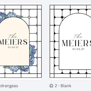 K&ouml;nnte beinhalten: Zwei Hochzeitskarten-Designs. Eines zeigt ein florales Hortensien-Design mit dem Text "The MEIERS" und dem Datum "01.02.27". Das andere ist ein leeres Design mit demselben Text und Datum. Beide sind von einem schwarz-wei&szlig;en Raster umrahmt.