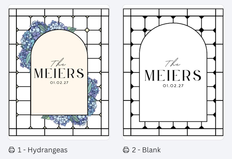K&ouml;nnte beinhalten: Zwei Hochzeitskarten-Designs. Eines zeigt ein florales Hortensien-Design mit dem Text "The MEIERS" und dem Datum "01.02.27". Das andere ist ein leeres Design mit demselben Text und Datum. Beide sind von einem schwarz-wei&szlig;en Raster umrahmt.