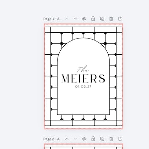K&ouml;nnte beinhalten: Ein digitales Einladungsvorlagen-Design in Schwarz und Wei&szlig;. Das Design zeigt einen bogenf&ouml;rmigen Rahmen mit dem Text "The MEIERS" und dem Datum "01.02.27". Das minimalistische Design ist vor einem wei&szlig;en Hintergrund platziert.