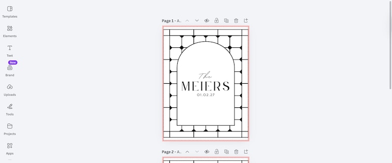 K&ouml;nnte beinhalten: Ein digitales Einladungsvorlagen-Design in Schwarz und Wei&szlig;. Das Design zeigt einen bogenf&ouml;rmigen Rahmen mit dem Text "The MEIERS" und dem Datum "01.02.27". Das minimalistische Design ist vor einem wei&szlig;en Hintergrund platziert.