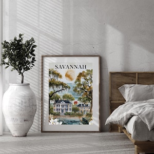 Savannah Georgia Watercolor Print – Southern Charm Wall Art, Historic District Home Decor, Mossy Oak & Magnolia Painting