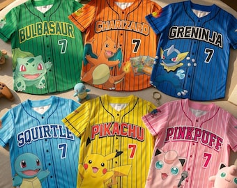 Gepersonaliseerd Pokémon Anime honkbalshirt, Pokémon Monsters verjaardagscadeau voor jongen of meisje, bijpassende outfit voor broers en zussen