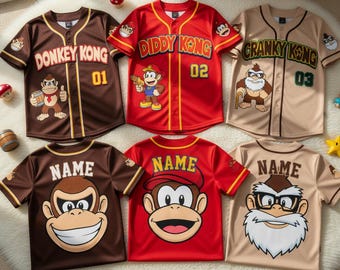 Custom Donkey Kong Baseball Jersey– DK Diddy Kong Cranky Kong Shirt, Custom Name Cartoon Birthday Gift
