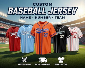 Baseballshirt met custom print, pailletten en krijtstrepen, met naam, nummer, logo en teamlogo, voor heren, dames, jongeren en kinderen.