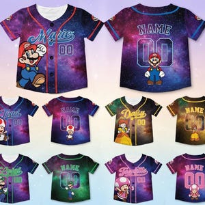 May include: Baseball jerseys featuring various characters from the Super Mario video game series. The jerseys have a galaxy-themed background with character names and numbers. Mario, Toad, Daisy, and Luigi are among the characters.