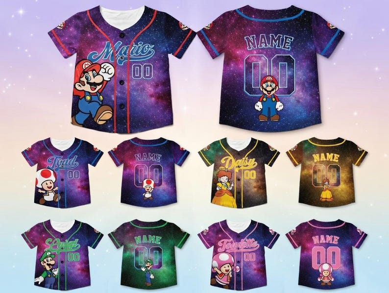 May include: Baseball jerseys featuring various characters from the Super Mario video game series. The jerseys have a galaxy-themed background with character names and numbers. Mario, Toad, Daisy, and Luigi are among the characters.