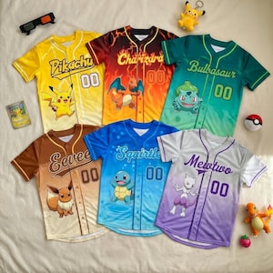 Maillot de baseball Pokémon, tenue assortie Pikachu, Charizard, Bulbasaur, Squirtle, Eevee et Mewtwo, cadeau d'anniversaire anime pour garçon ou fille