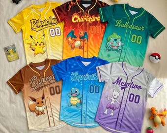 Poke Monsters Baseball Jersey, Pikachu Charizard Bulbasaur Squirtle Eevee Mewtwo Matching Outfit, Anime Birthday Boy Girl Gift