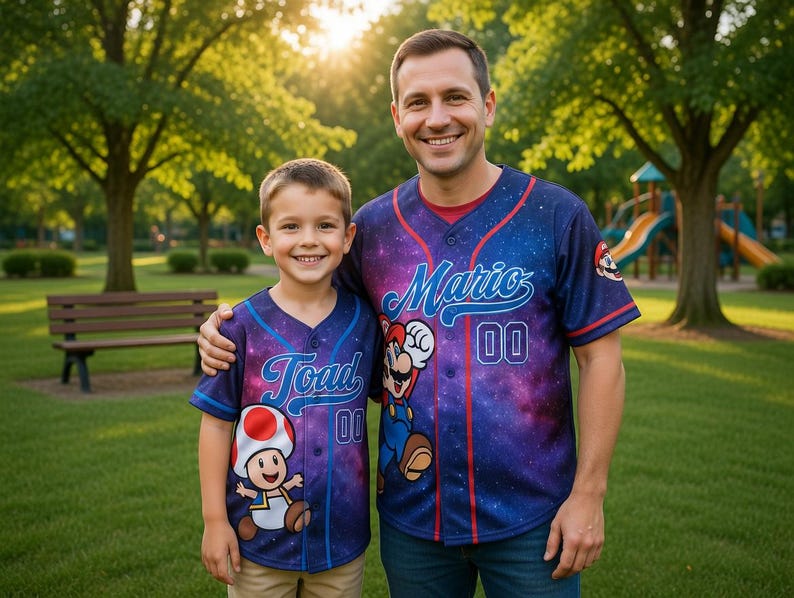 May include: Two people wearing matching baseball jerseys with a galaxy design. One jersey says "Mario" and the other says "Toad", both with the number "00". The jerseys feature cartoon characters and are set against a park background.
