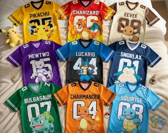 Gepersonaliseerd anime Pokémon voetbalshirt, shirts met aangepaste naam en nummer voor kinderverjaardagen, bijpassende shirts voor broers en zussen voor de wedstrijddag.