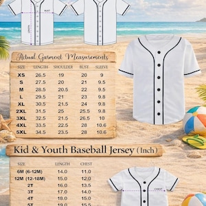 May include: White baseball jersey with black trim and buttons. The image includes size charts for adult and youth sizes, with measurements in inches. The background features a beach scene with palm trees and a ball.