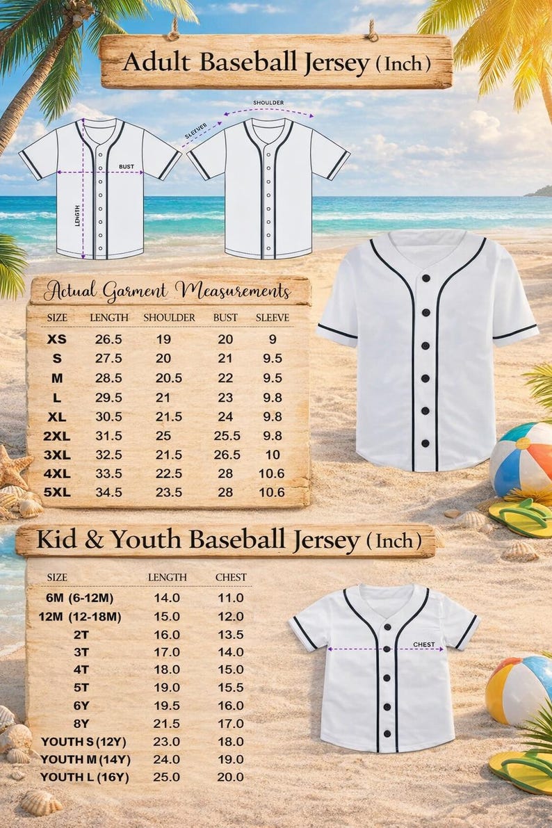 May include: White baseball jersey with black trim and buttons. The image includes size charts for adult and youth sizes, with measurements in inches. The background features a beach scene with palm trees and a ball.