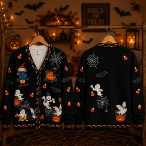 Pumpkin Ghost Halloween Cardigan, Vintage Halloween Sweater, Candy Corn Scarecrow Button-Up, Retro Fall Cardigan, Spooky Autumn Gift