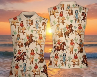 Beige Cowgirl Sleeveless Polo Dress Shirt, Western Rodeo Golf Outfit, Vintage Cowboy Style Dress, Country Club Fashion for Women