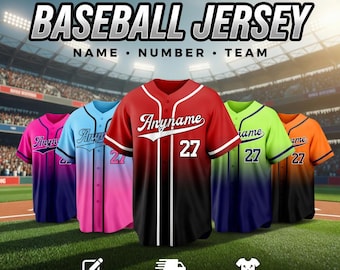 Gepersonaliseerd honkbalshirt met kleurverloop voor kinderen, jongeren en volwassenen, shirt met eigen naam, nummer of logo, bijpassende sportkleding voor wedstrijddagen.